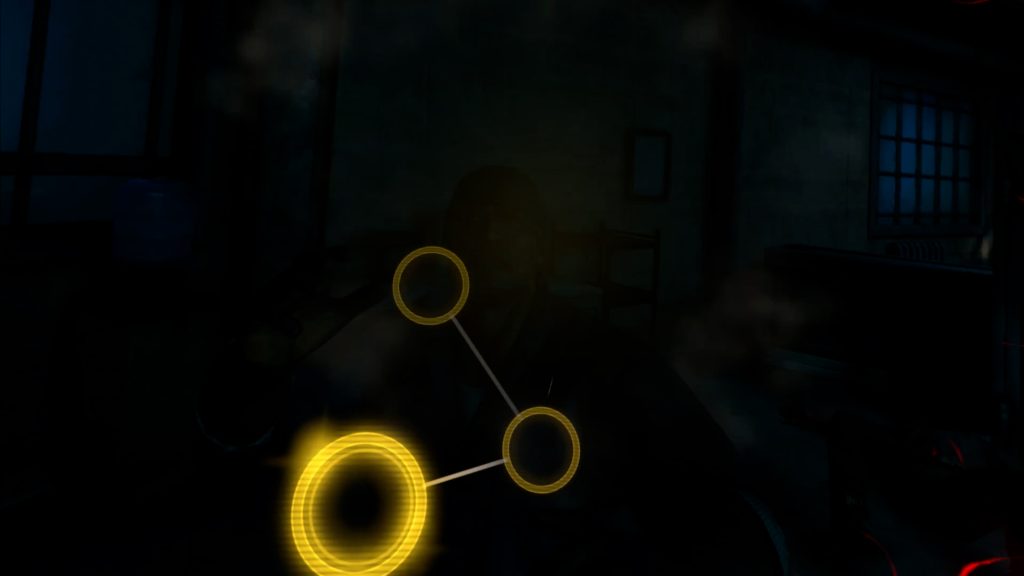 Dunkles Bild eines Raumes mit leuchtenden, verbundenen gelben Kreisen im Vordergrund.
