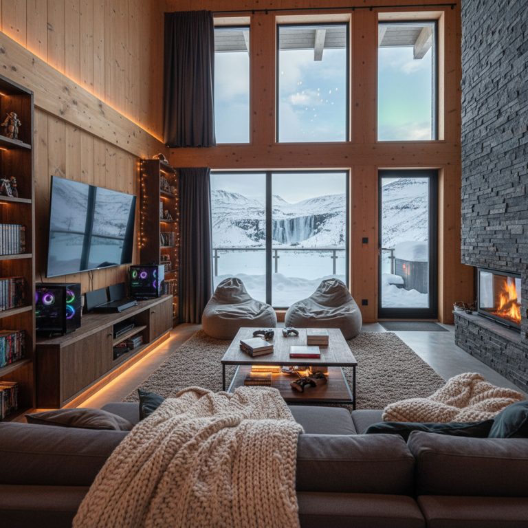 Ein gemütliches Wohnzimmer mit hoher Decke, großem Fenster mit Blick auf verschneite Berge, modernen Unterhaltungssystemen und Kamin.