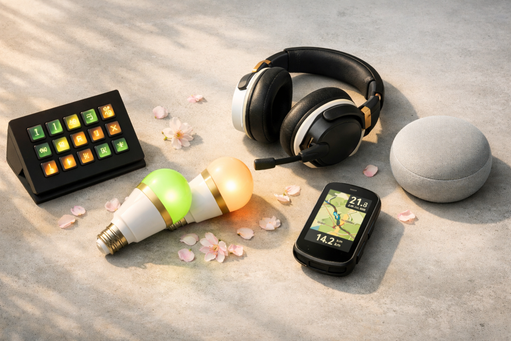 Verschiedene Technik-Gadgets auf einem Tisch: ein schwarz-goldenes Headset mit Mikrofon, zwei smarte Glühbirnen, ein grauer runder Smartspeaker, ein Navigationsgerät mit Kartendarstellung und ein Tastenfeld mit bunten Symbolen. Umgeben von Kirschblütenblättern.