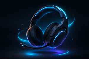 Futuristisches Gaming-Headset mit blau leuchtenden LEDs vor einem dunklen Hintergrund.