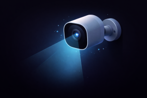 Eine moderne Überwachungskamera, die an einer Wand montiert ist. Sie strahlt ein blaues Licht aus, das die Umgebung beleuchtet.