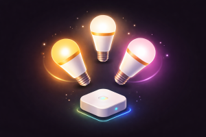 Drei farbige intelligente Glühbirnen, die in warmen Tönen leuchten, schweben über einem quadratischen Hub-Gerät auf dunklem Hintergrund.