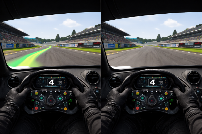 Innenansicht eines Rennwagens in einer Simulation mit einem Lenkrad, das zahlreiche Knöpfe und Anzeigen hat. Links zeigt die Simulation eine grüne Rennlinie auf der Strecke, während sie rechts nicht präsentiert wird.