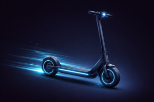 Moderner Elektro-Scooter mit blauer LED-Beleuchtung, der Geschwindigkeit symbolisierende Lichtspuren hinterlässt.