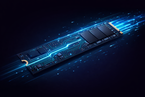 Nahaufnahme einer modernen M.2 SSD mit leuchtenden Schaltkreisen auf einem dunklen Hintergrund.