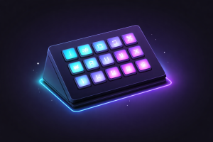 Ein beleuchtetes Keypad mit mehreren farbigen Tasten, die auf einem dunklen Hintergrund leuchten. Die Tasten zeigen verschiedene Symbole.