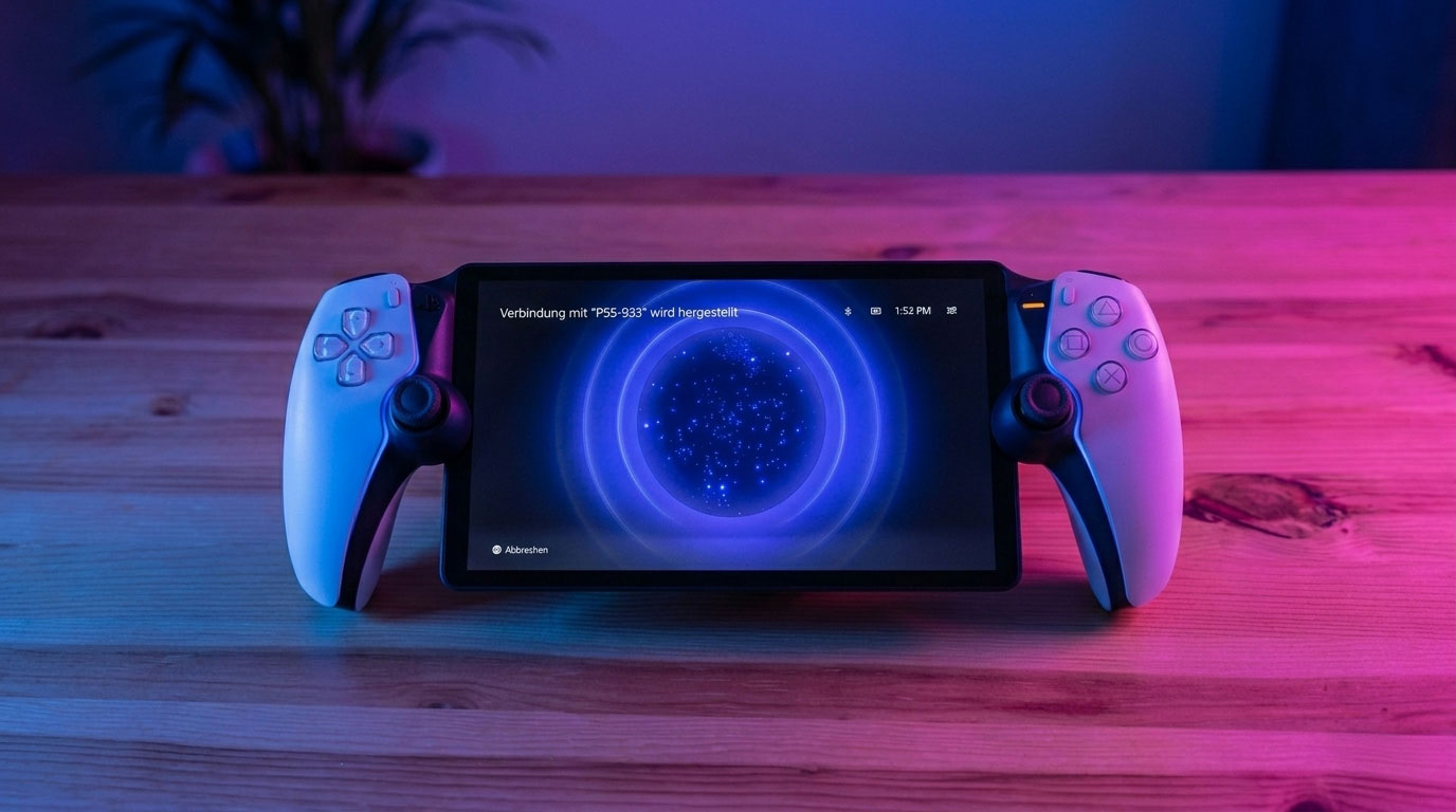 Ein Gaming-Handheld mit einem Bildschirm, auf dem eine Verbindungsmeldung angezeigt wird, liegt auf einem Tisch. An beiden Seiten sind Gamecontroller angebracht. Das Setup ist in blau-rosa Licht getaucht.