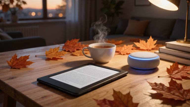 KI-generiertes Symbolbild: E-Reader, Tasse Tee und smarter Lautsprecher auf einem Holztisch mit Herbstlaub