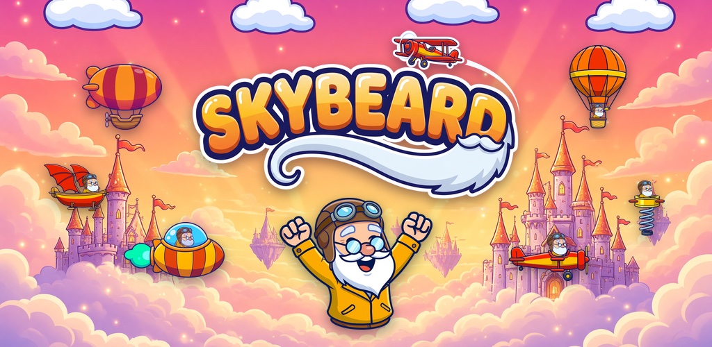Skybeard: Professor Skybeard jubelt vor Wolkenschlössern, um ihn herum seine Flugmaschinen